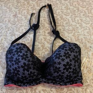 Victorias Secret Bikini Top Floral Black Lace Underwire Padded Size 34DDD